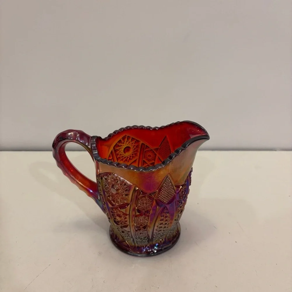 Vtg Indiana Glass Creamer Heirloom Sunset Ruby Iridescent Carnival Glass_2